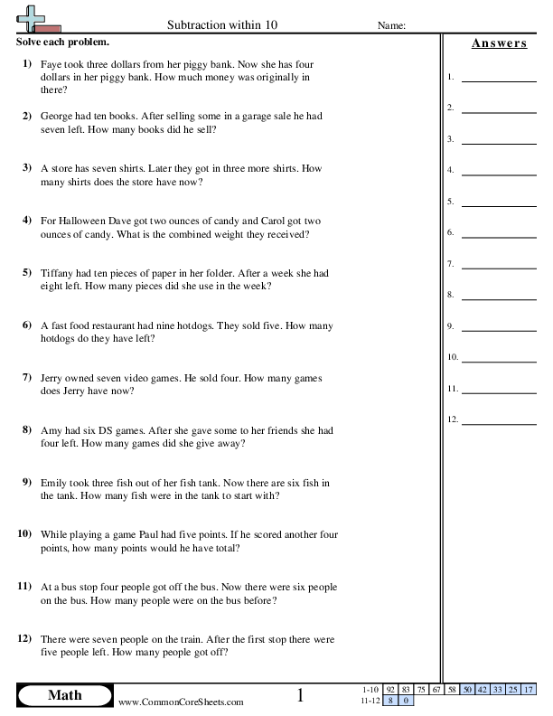 Word Subtraction Within 10 worksheet